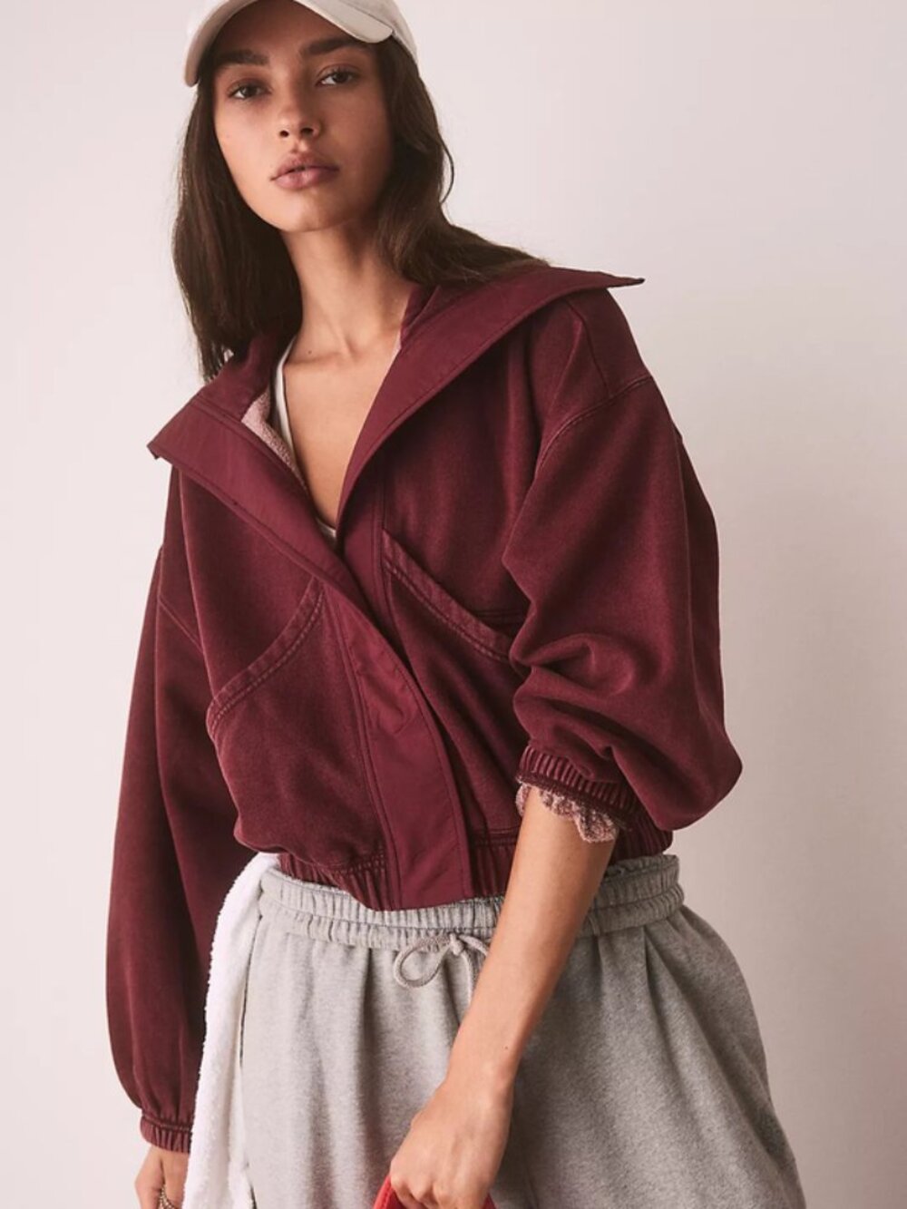 Free People Fp Movement Podium Wrap Jacket Wine Collared Cropped Pockets L